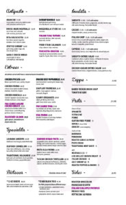 Italian dinner menu featuring antipasti like arancini, stuffed shrimp, tuna tartare, meatballs, and calamari; salads including Caesar, Caprese, and Italian Chop; entrées such as chicken piccata, chicken parmesan, marsala, blackened salmon, braised beef pappardelle, eggplant parmesan, veal parmesan, and pan-seared tuna. Includes pasta options with customizable sauces and proteins, soups, specialty pastas like lasagna and seafood cannelloni, steaks including ribeye and tenderloin trio, sides, house-made pizzas with specialty and build-your-own options, Friday night fish fry selections, kids menu, and gluten-free substitutions.