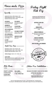 Italian dinner menu featuring antipasti like arancini, stuffed shrimp, tuna tartare, meatballs, and calamari; salads including Caesar, Caprese, and Italian Chop; entrées such as chicken piccata, chicken parmesan, marsala, blackened salmon, braised beef pappardelle, eggplant parmesan, veal parmesan, and pan-seared tuna. Includes pasta options with customizable sauces and proteins, soups, specialty pastas like lasagna and seafood cannelloni, steaks including ribeye and tenderloin trio, sides, house-made pizzas with specialty and build-your-own options, Friday night fish fry selections, kids menu, and gluten-free substitutions.